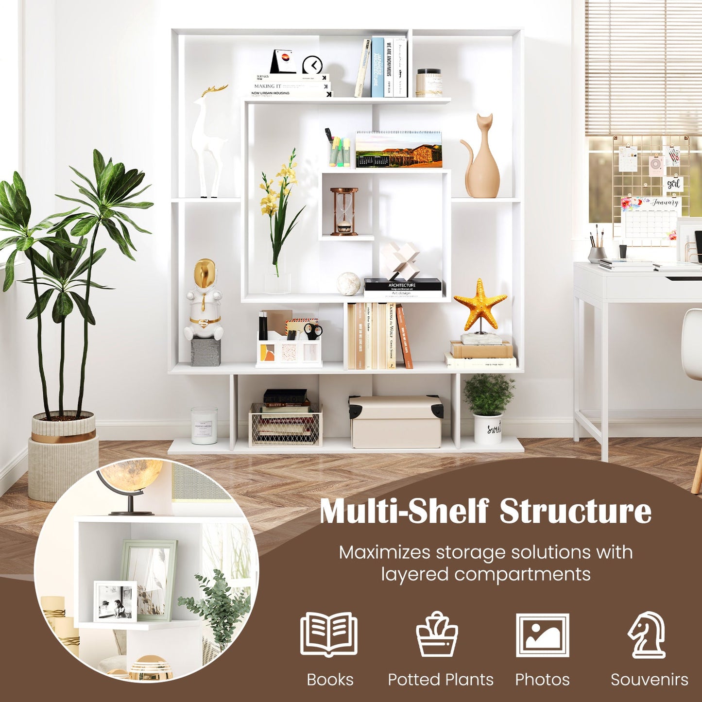 7-Tier Geometric Bookshelf with 2 Anti-Tipping Kits-White