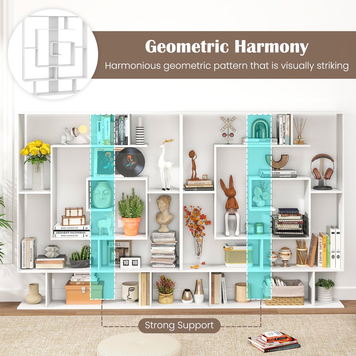7-Tier Geometric Bookshelf with 2 Anti-Tipping Kits-White