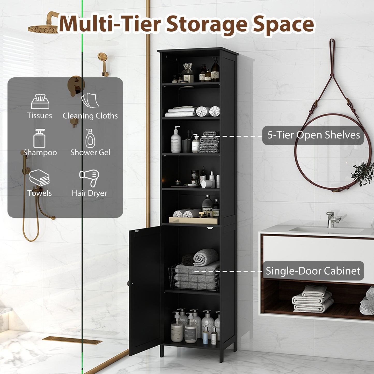 7-Tier Tall Freestanding Cabinet-Black
