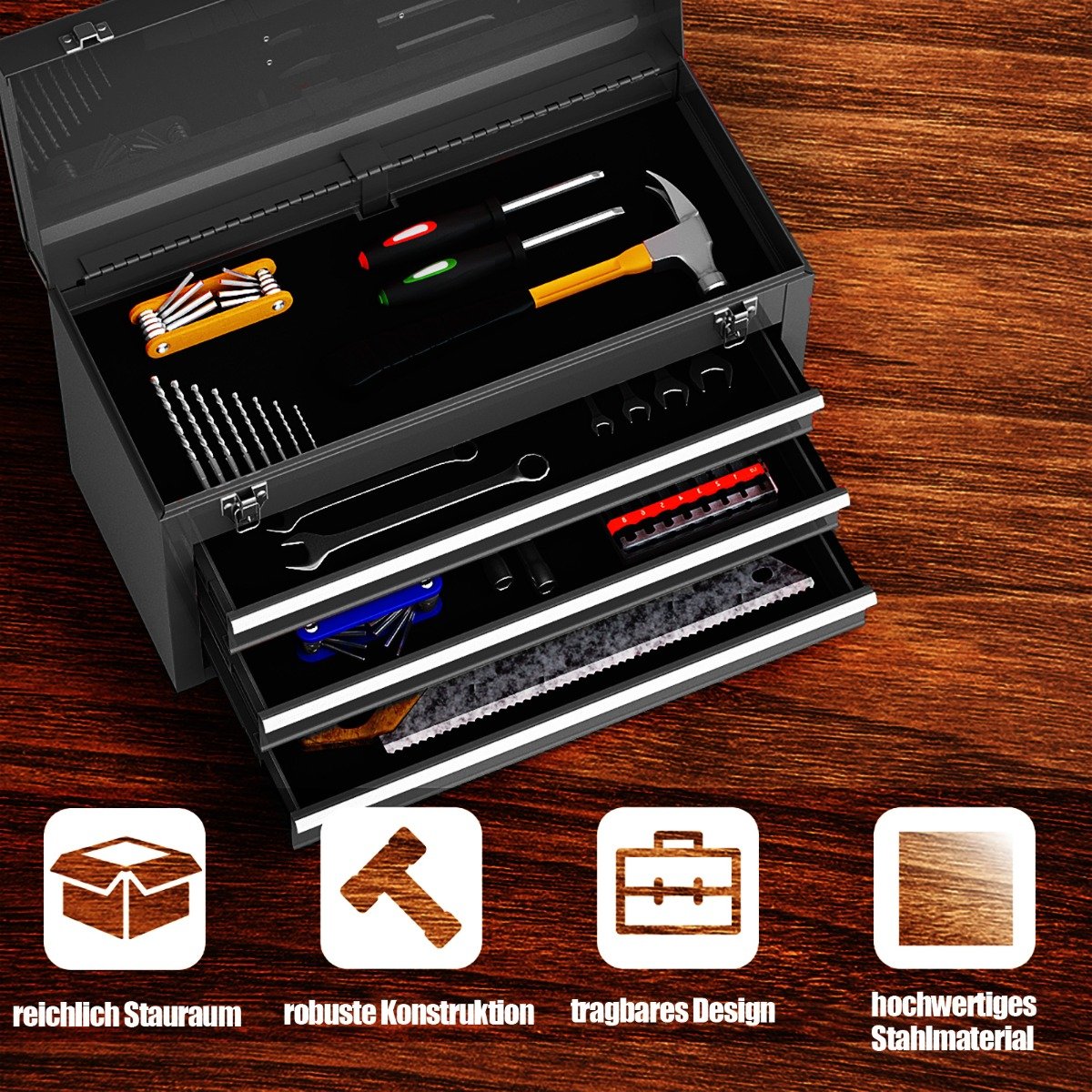 Portable Metal Tool Box with 3 Drawers and Storage Tray, Tool Case 52cm Black