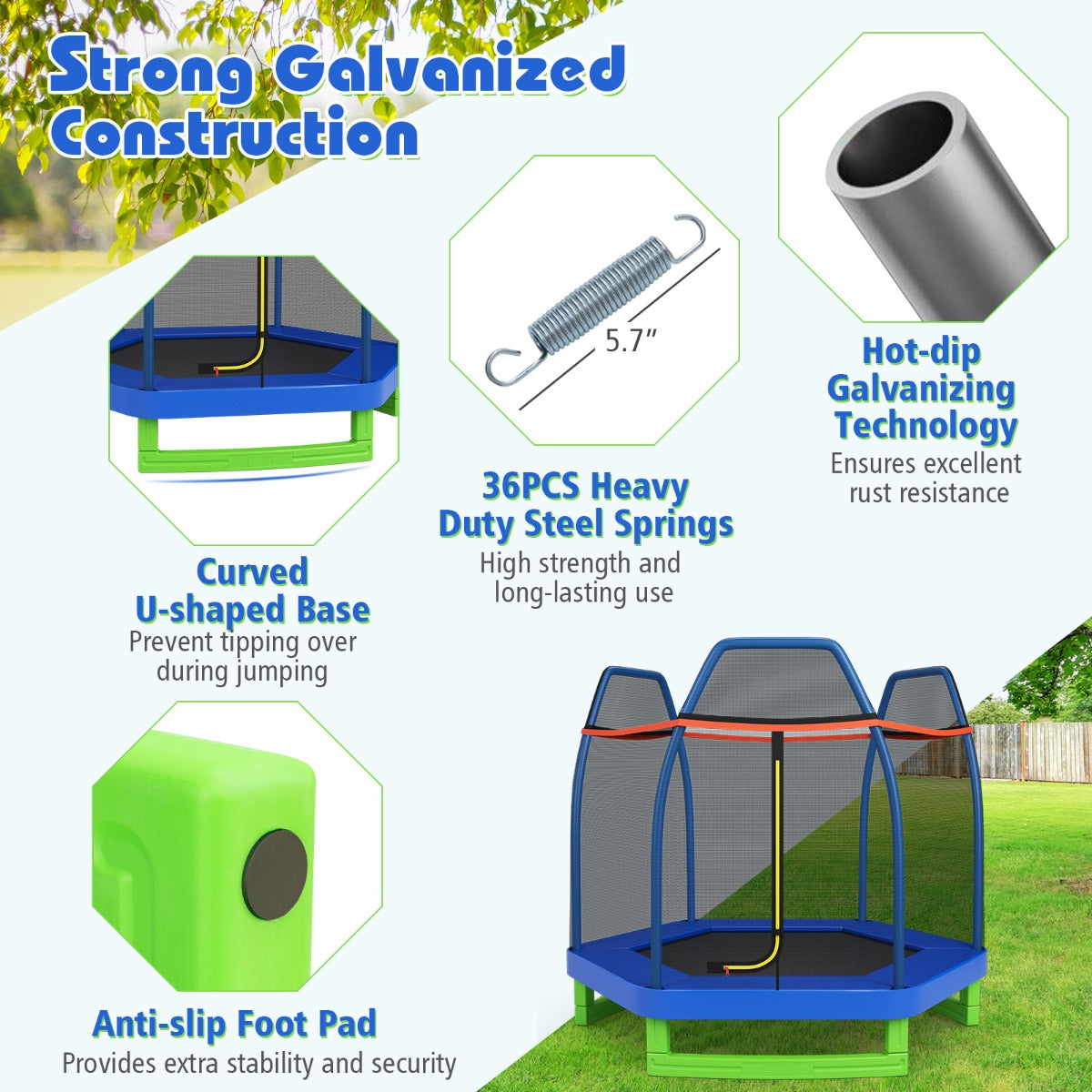 7 Feet Kids Trampoline with Safety Enclosure Net-Blue
