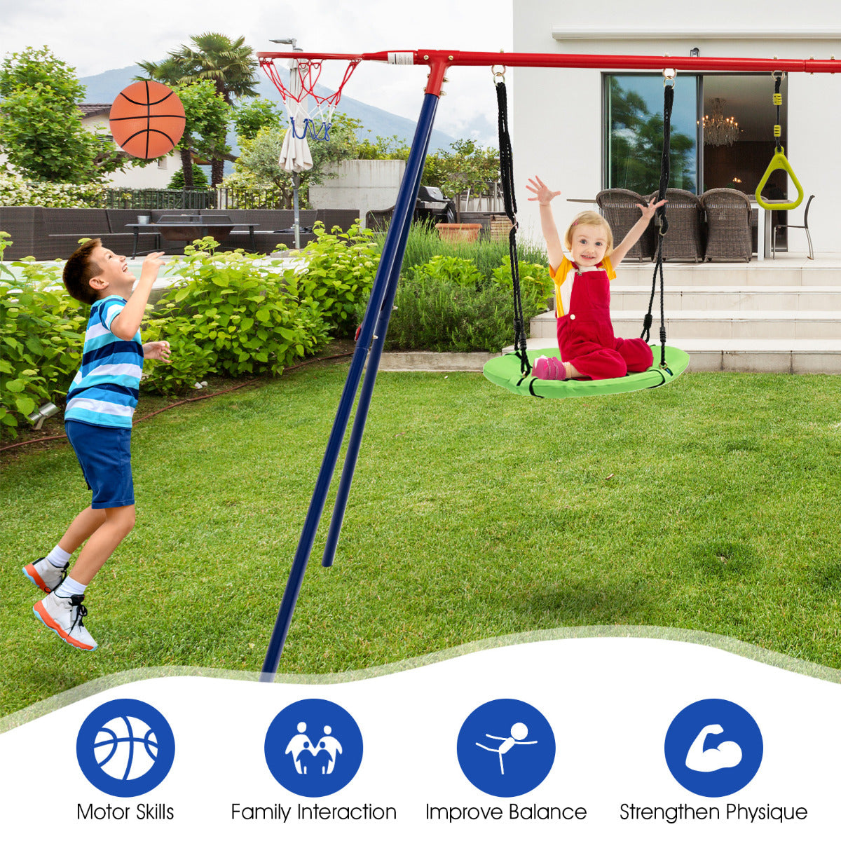 7-in-1 Kids Swing Set with 2 Swings for Kids Aged 3-10 Years Old