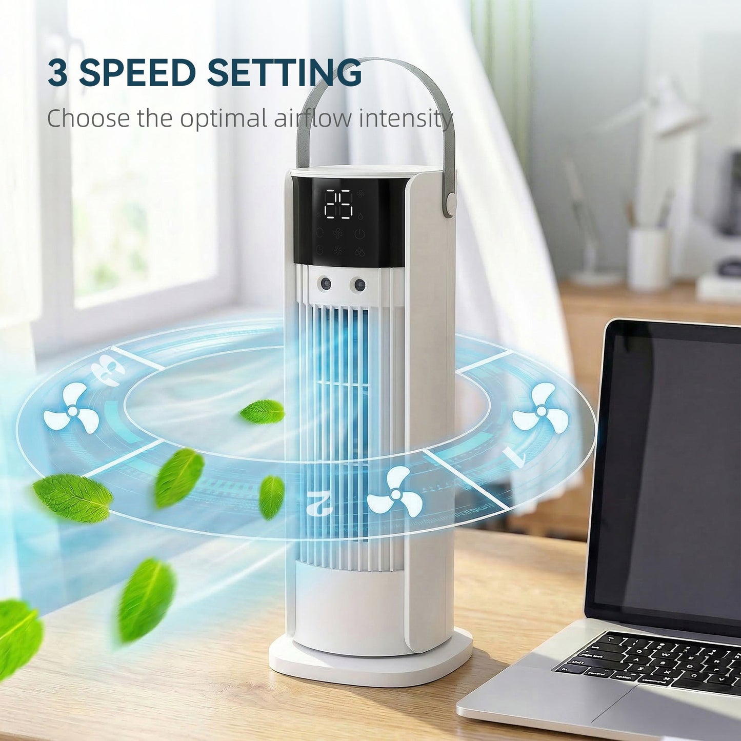 HOMCOM Tower Fan for Bedroom, 16 Inch Mist Desktop Fan with RGB Lights, 3 Speeds, 90° Oscillation, 10H Timer, for Home Office