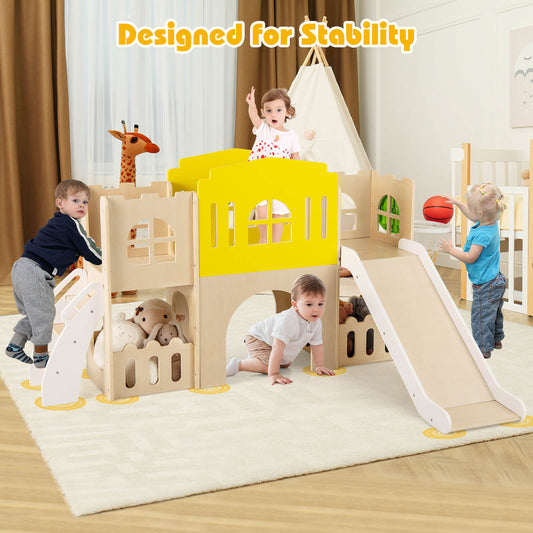 7-in-1 Toddler Slide Set with Ladder and Long Aisle Wooden Playground-Multicolor