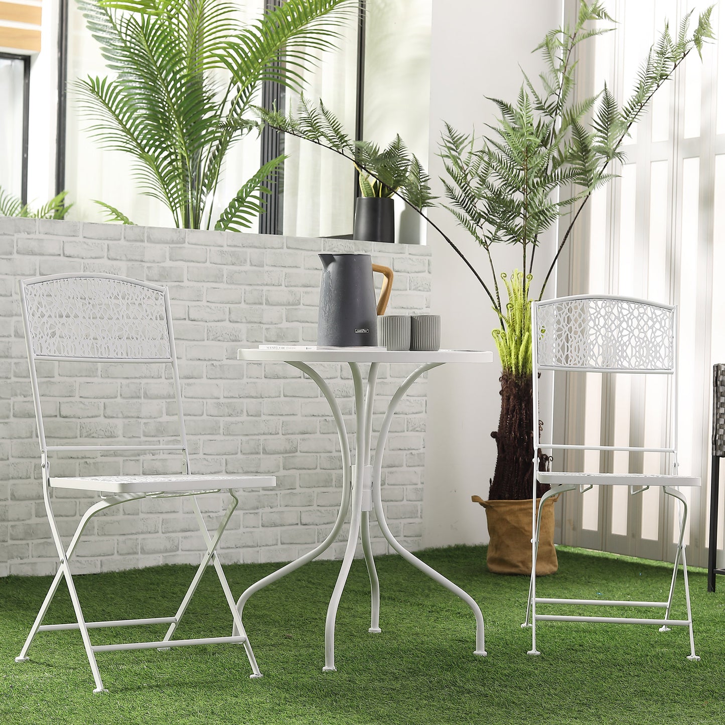Zestaw Outsunny Garden Bistro dla 2 osób ze składanymi krzesłami i okrągłym stołem, metalowy mebel balkonowy do użytku na zewnątrz i wewnątrz, biały