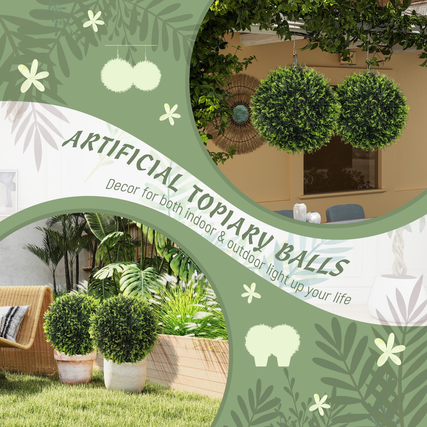 HOMCOM Zestaw 2 sztucznych roślin Topiary Balls, sztuczne rośliny dekoracyjne z ochroną UV, sztuczne rośliny do dekoracji wnętrz i na zewnątrz, 45 cm, zielony