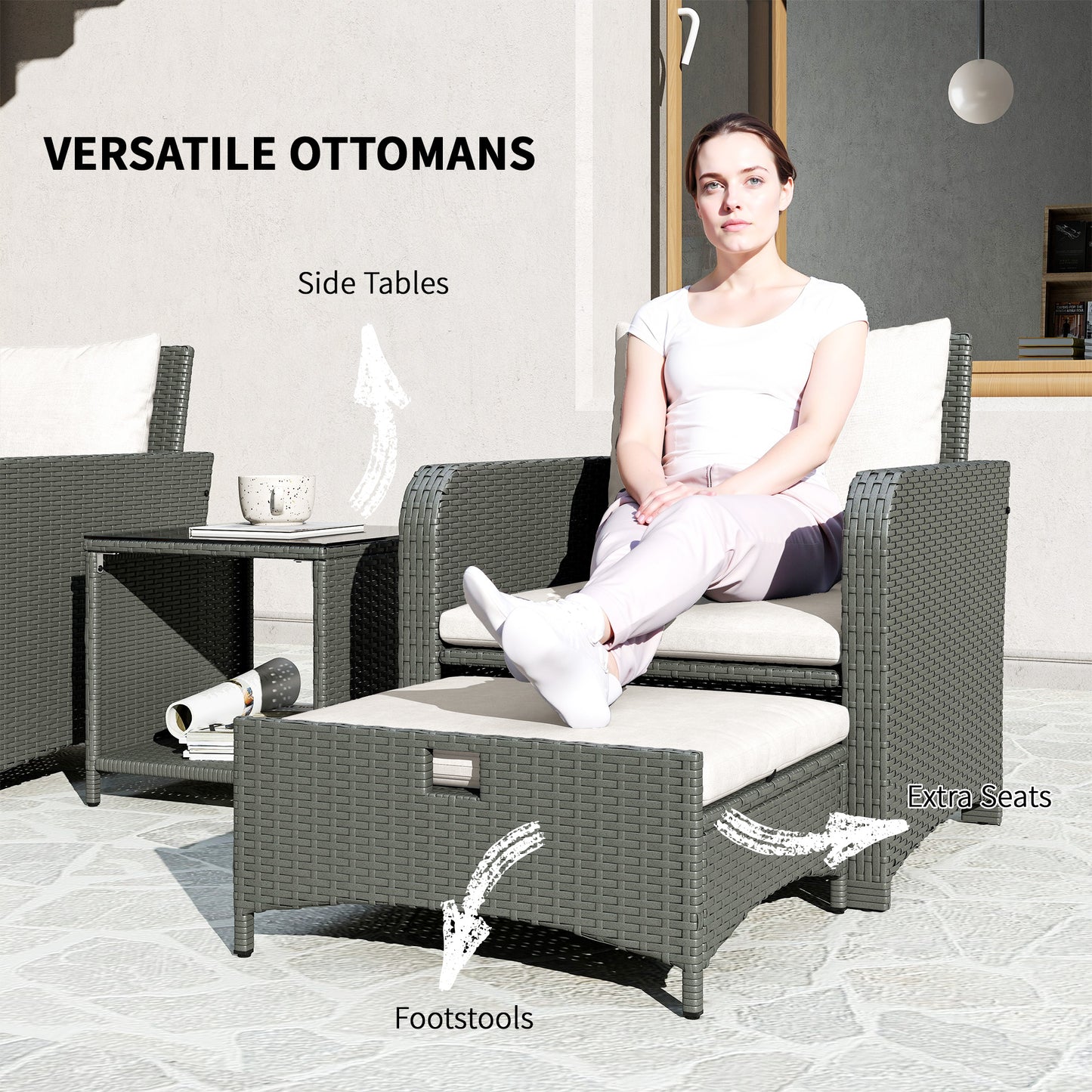 Zestaw mebli ogrodowych Outsunny Five Piece Rattan z 2-poziomowym stolikiem kawowym i pufami - kremowo-biały