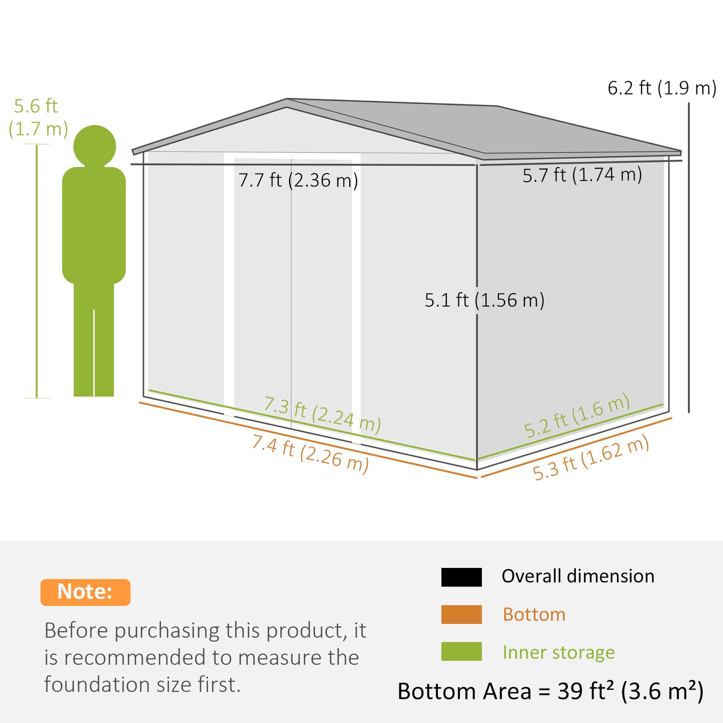 Outsunny 7,7 x 5,7ft Metalowy domek ogrodowy z otworami wentylacyjnymi i przesuwanymi drzwiami, ocynkowany domek do przechowywania narzędzi na zewnątrz, zielony