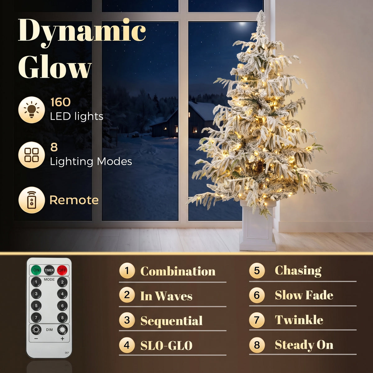 HOMCOM 4ft Prelit Flocked Christmas Tree, Artificial Snow Flocked Spruce with 160 Warm White LED Lights, 8 Modes, Green