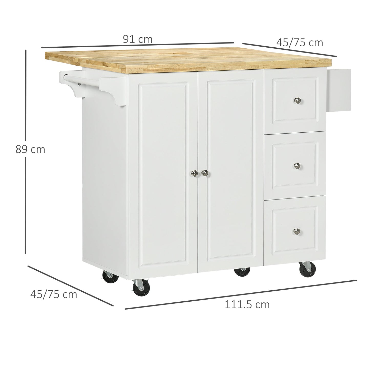 HOMCOM Drop-Leaf Kitchen Island on Wheels Utility Storage Cart with Drawers & Cabinet for Kitchen, Dining & Living Room