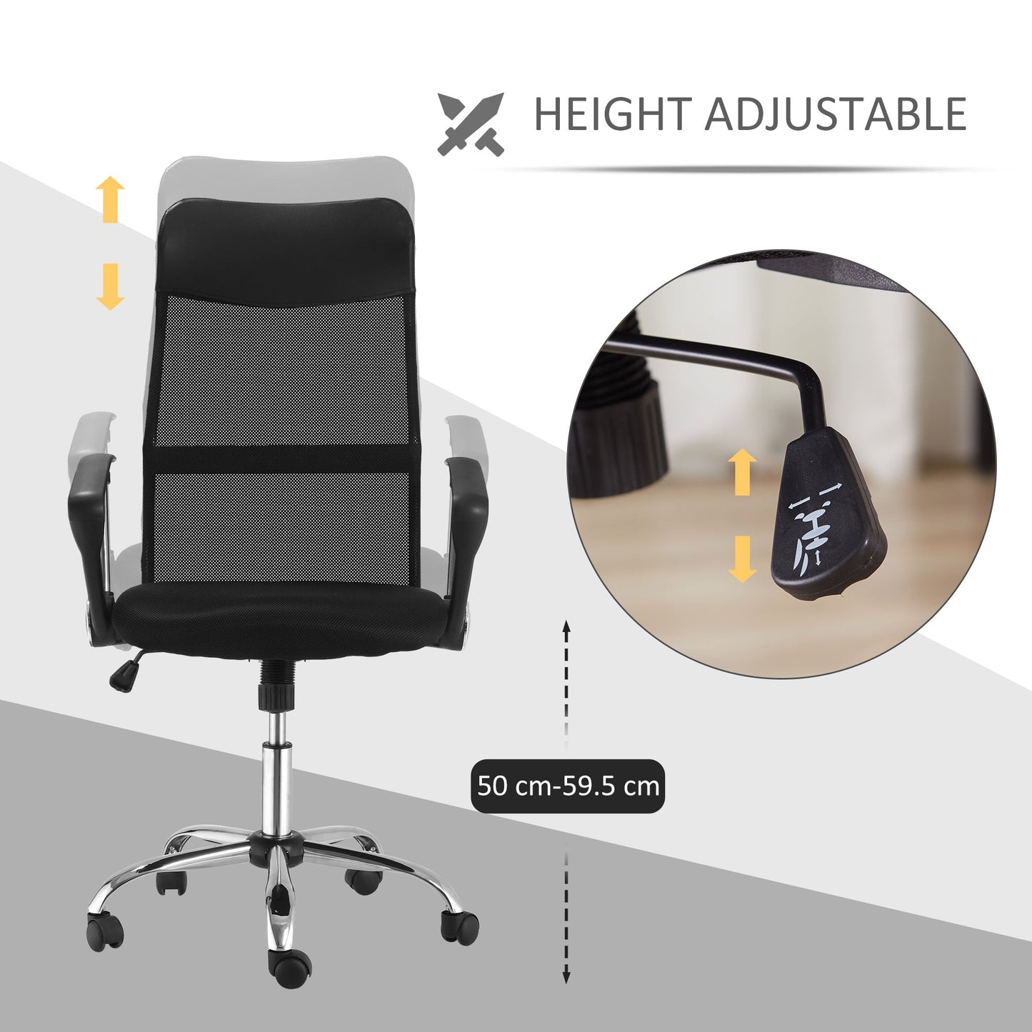 HOMCOM Ergonomiczne krzesło biurowe Siatkowe krzesło z regulowaną wysokością i funkcją pochylenia Czarne
