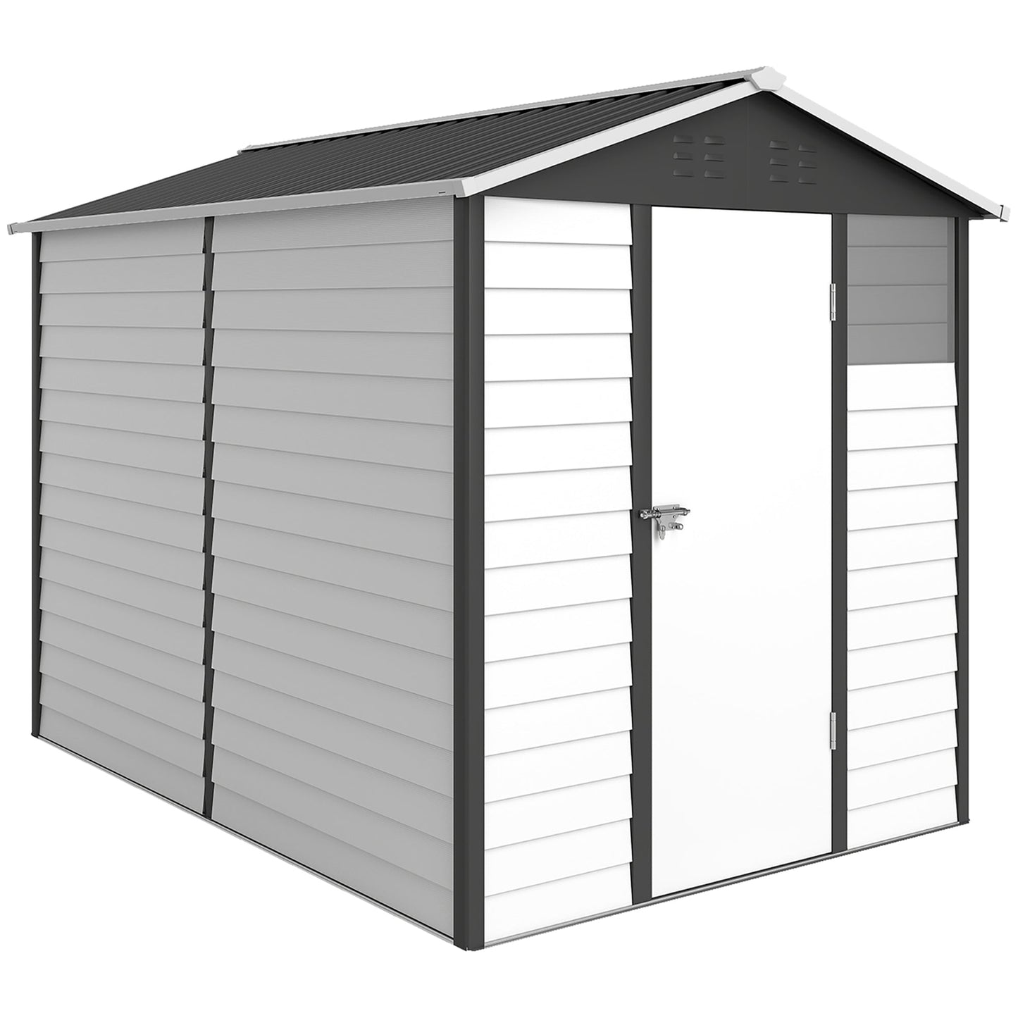 Outsunny 9x 6FT Metalowy zewnętrzny domek ogrodowy, ocynkowany domek narzędziowy ze skośnym dachem, zamykane drzwi na patio i trawnik, ciemnoszary