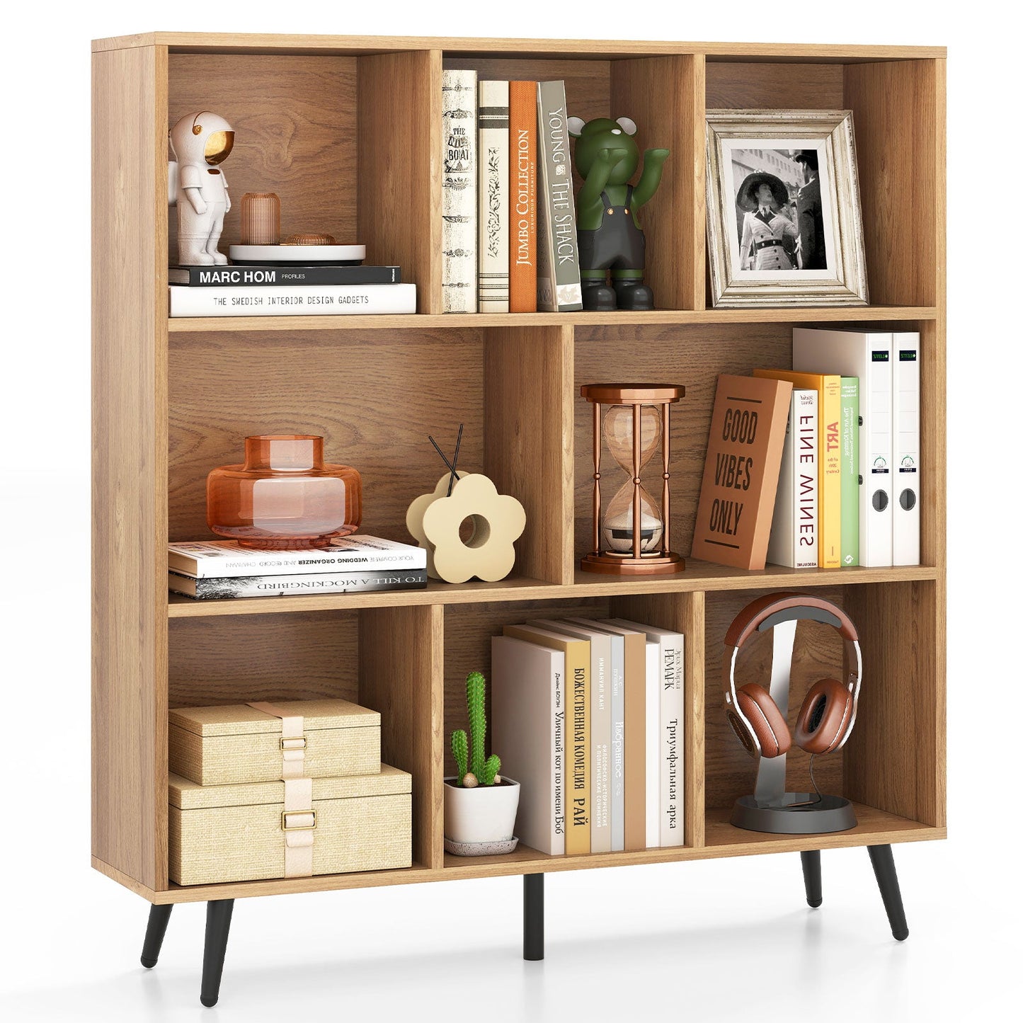 8-Cube Mid Century Modern Bookcase with 5 Tapered Metal Legs-Natural
