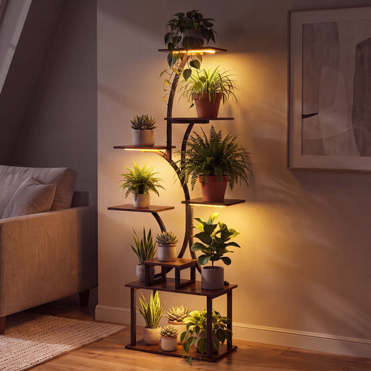 8-Tier Morden Style Plant Stand with Ambient LED Lights-Rustic Brown