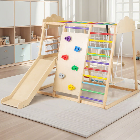 8-in-1 Indoor Jungle Gym for Kids Wooden Montessori Climbing Toys-Colourful