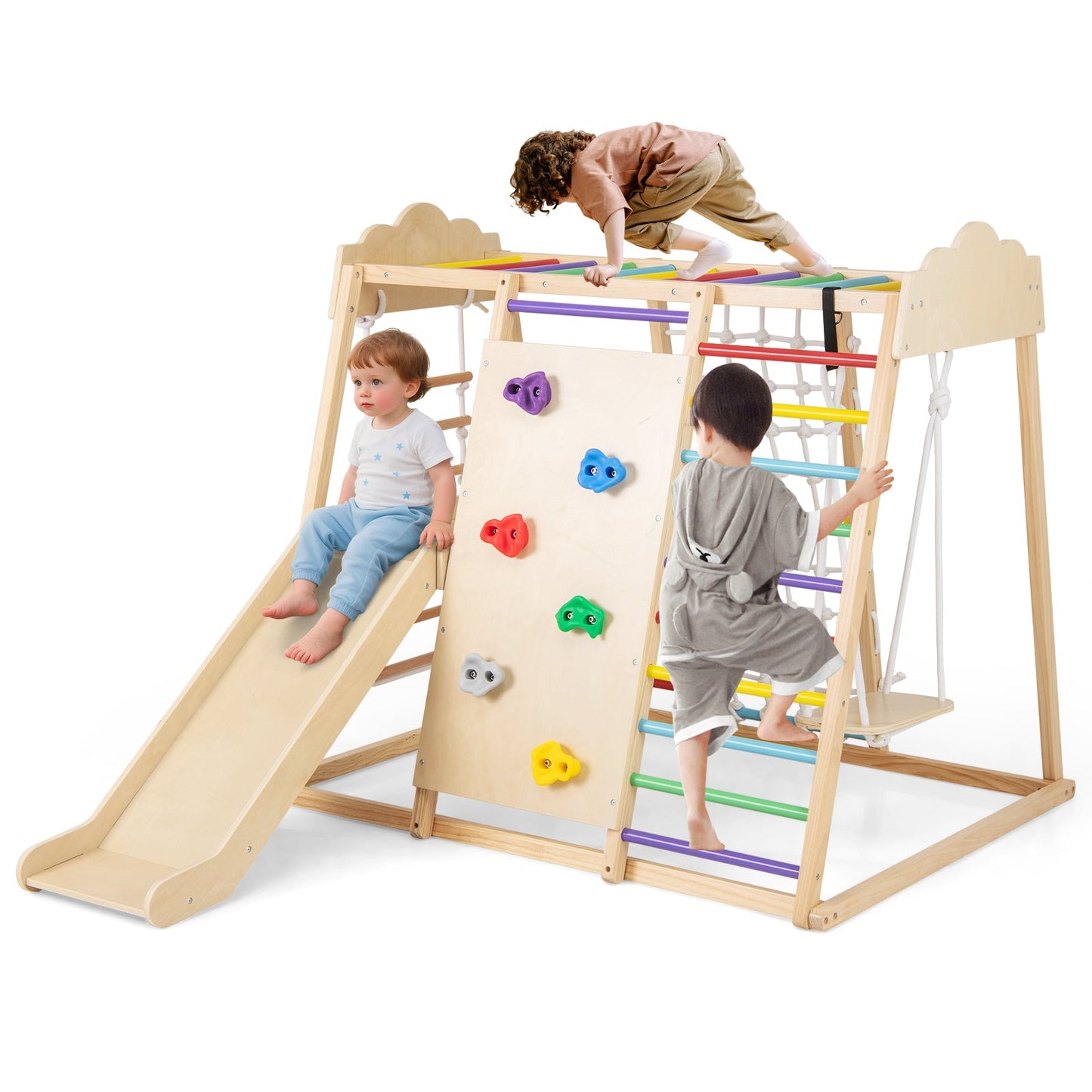 8-in-1 Indoor Jungle Gym for Kids Wooden Montessori Climbing Toys-Colourful
