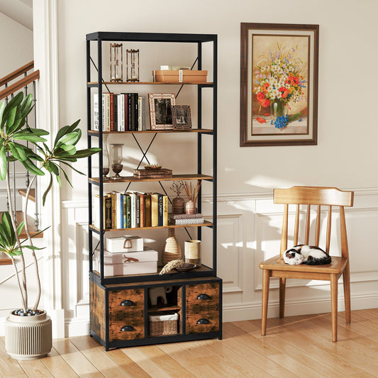 8-tier Bookshelf with 4 Fabric Drawers and Heavy-duty Metal Frame-Coffee