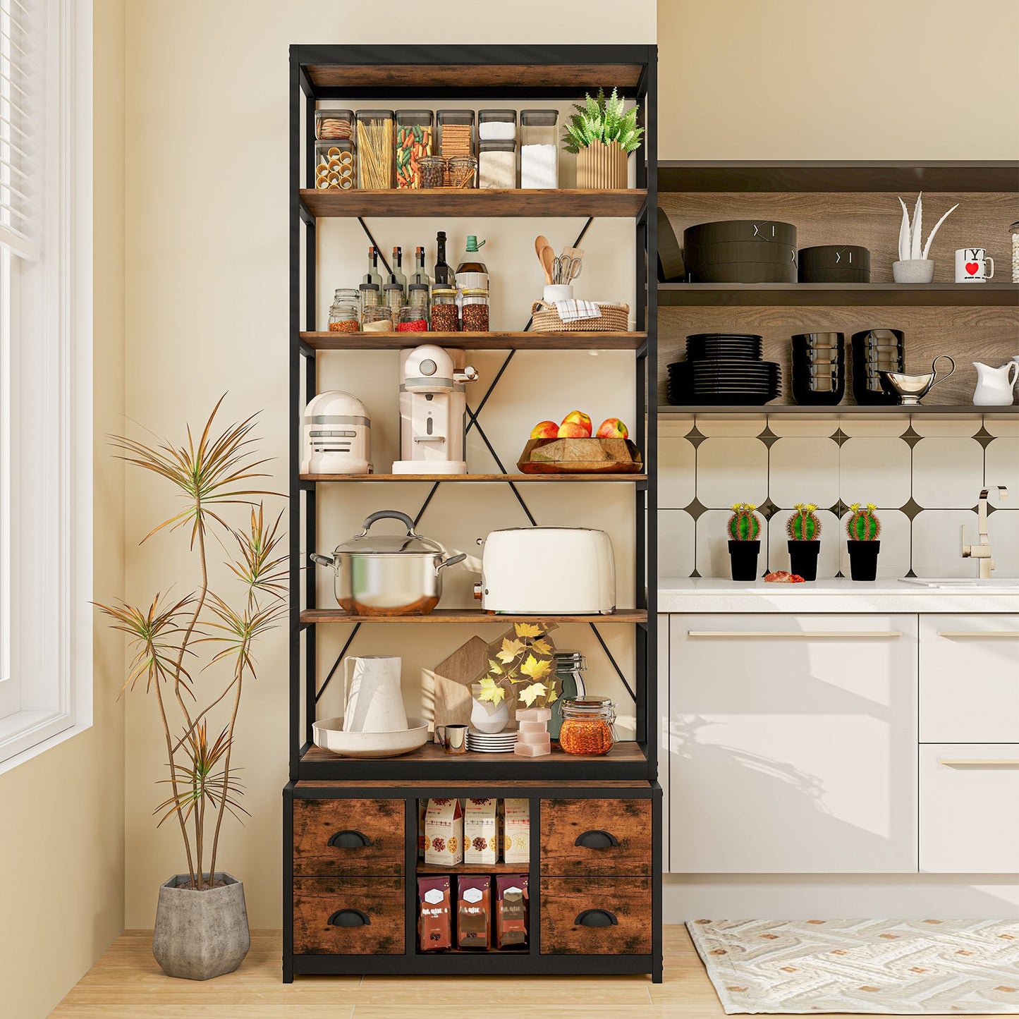 8-tier Bookshelf with 4 Fabric Drawers and Heavy-duty Metal Frame-Coffee