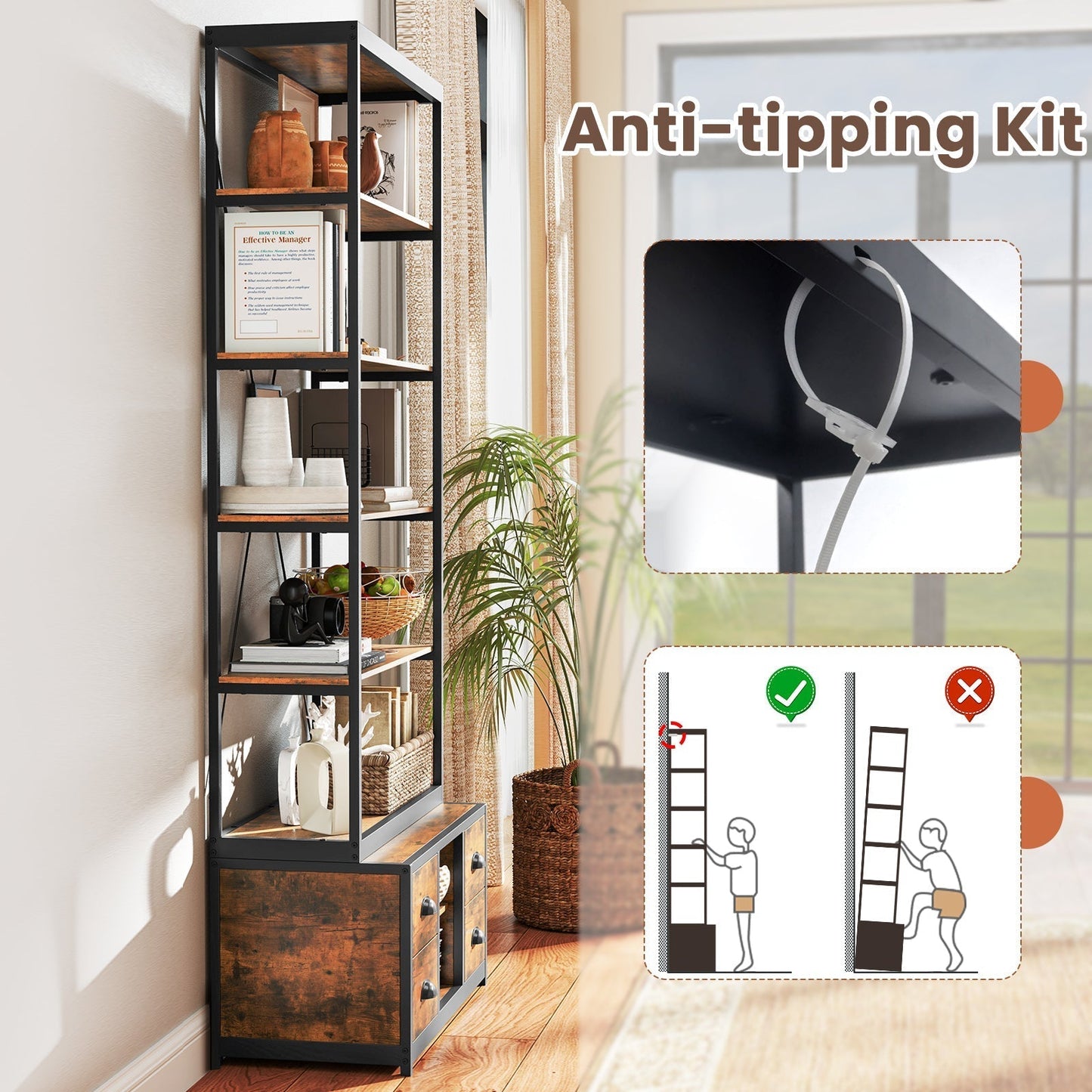 8-tier Bookshelf with 4 Fabric Drawers and Heavy-duty Metal Frame-Coffee