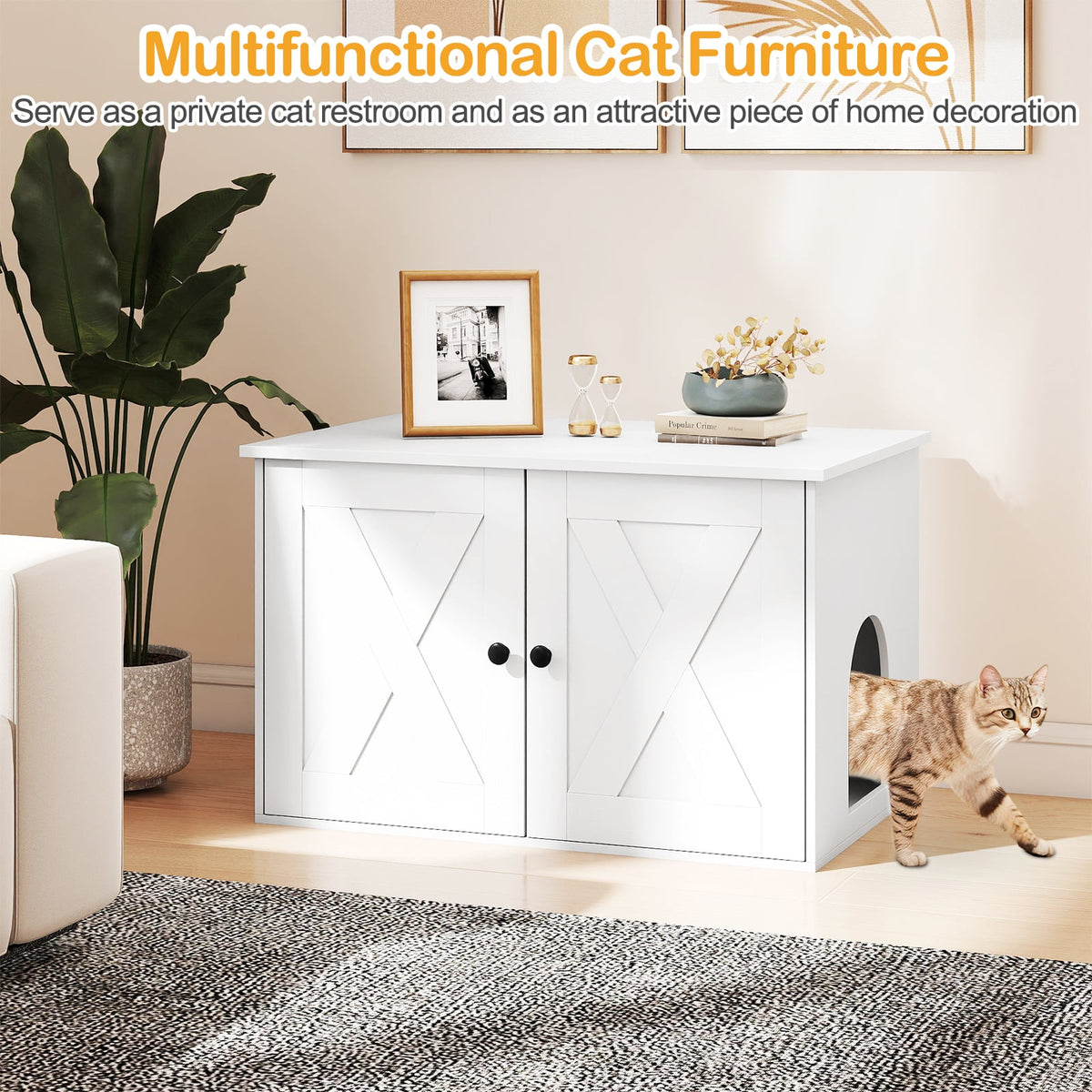 80 x 53 x 50 cm Indoor Wooden Cat House with Double Doors-White