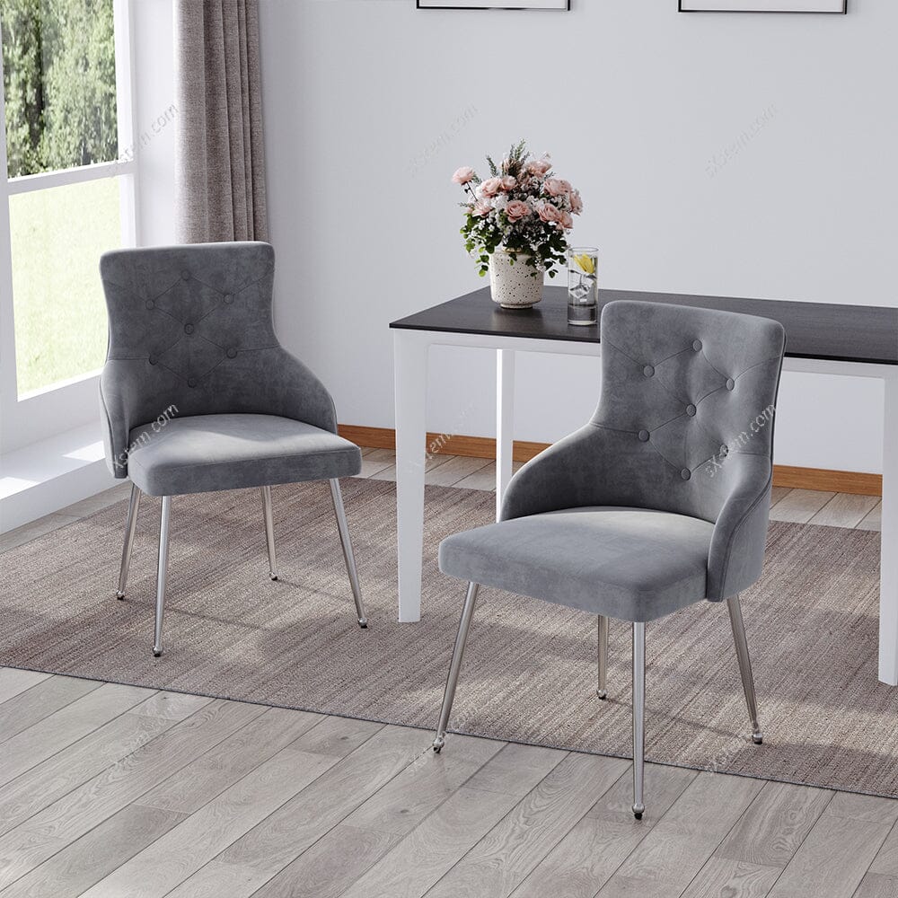 Grey Velvet Tufted Dining Chair with Cushion