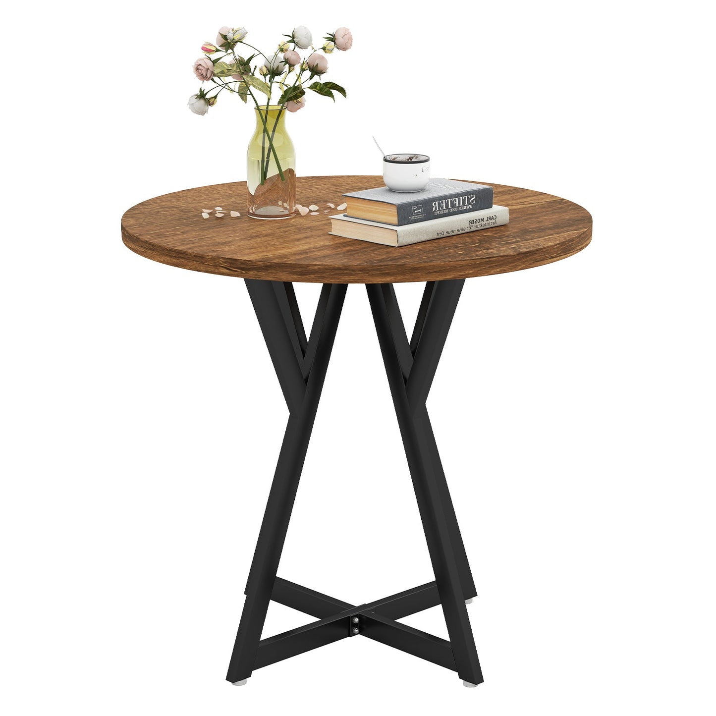 80cm Round Dining Table with Metal Pedestal Base and Adjustable Foot Pads-Rustic Brown