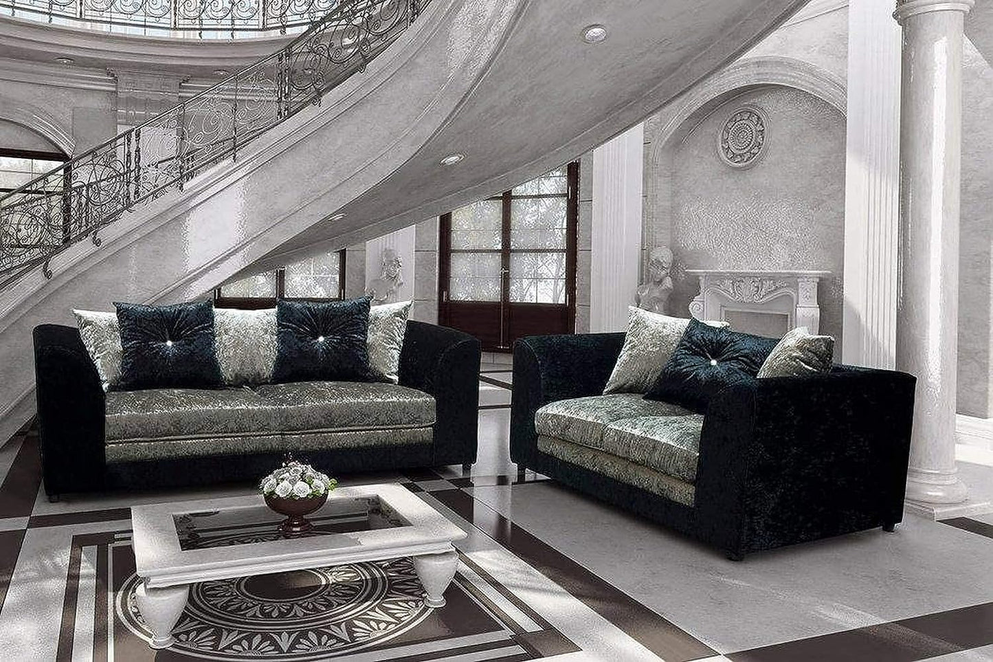 Narożna sofa Dyla Crushed Velvet - czarno-srebrna