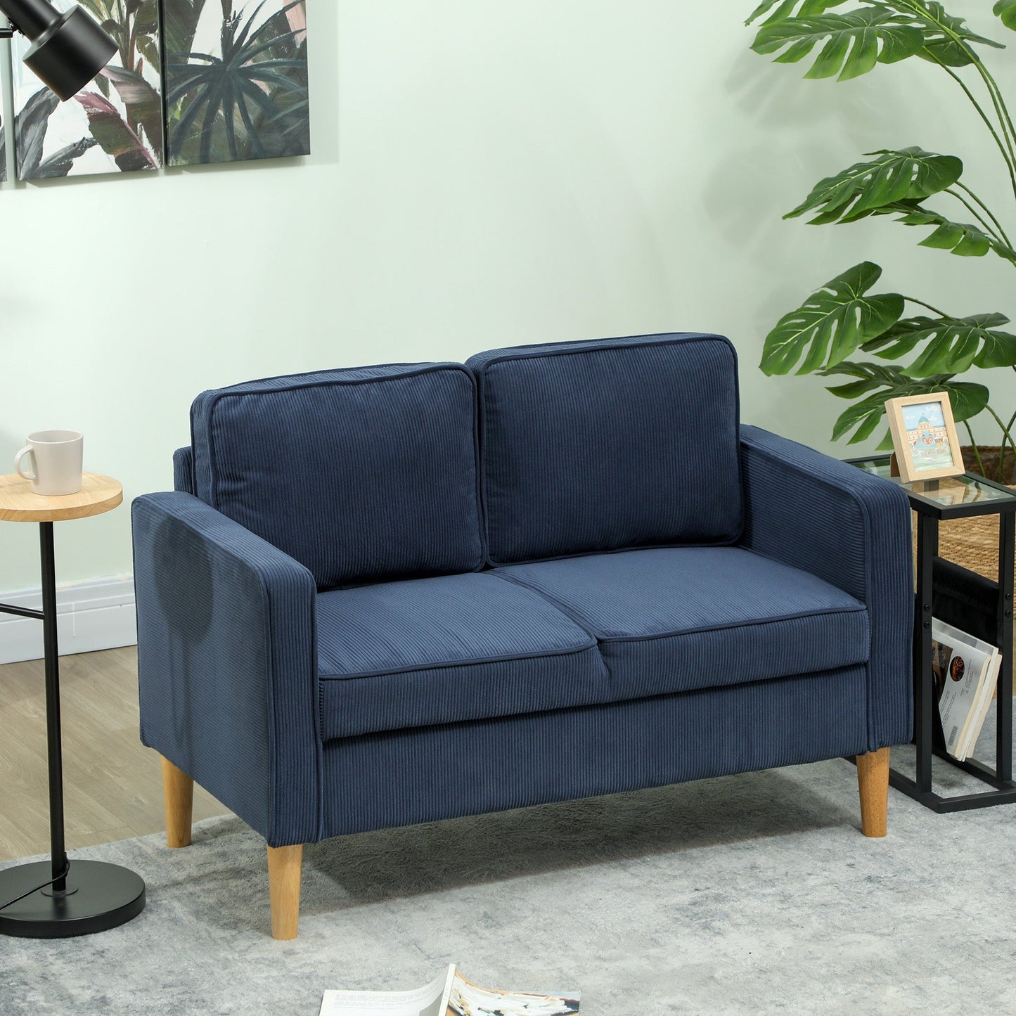 HOMCOM Mała dwuosobowa sofa sztruksowa - niebieska