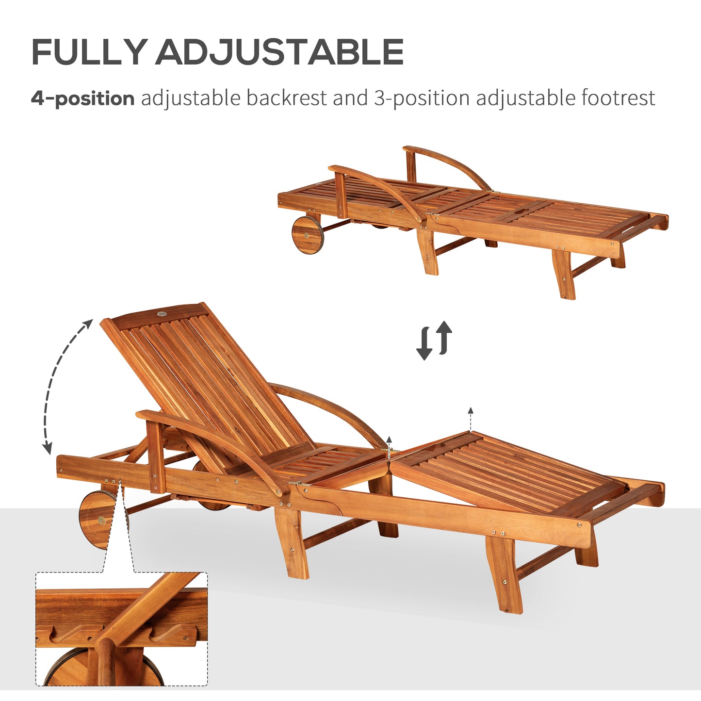 Outsunny Outdoor Garden Patio Drewniany leżak składany leżak z funkcją rozkładania, łóżko dzienne z kółkami