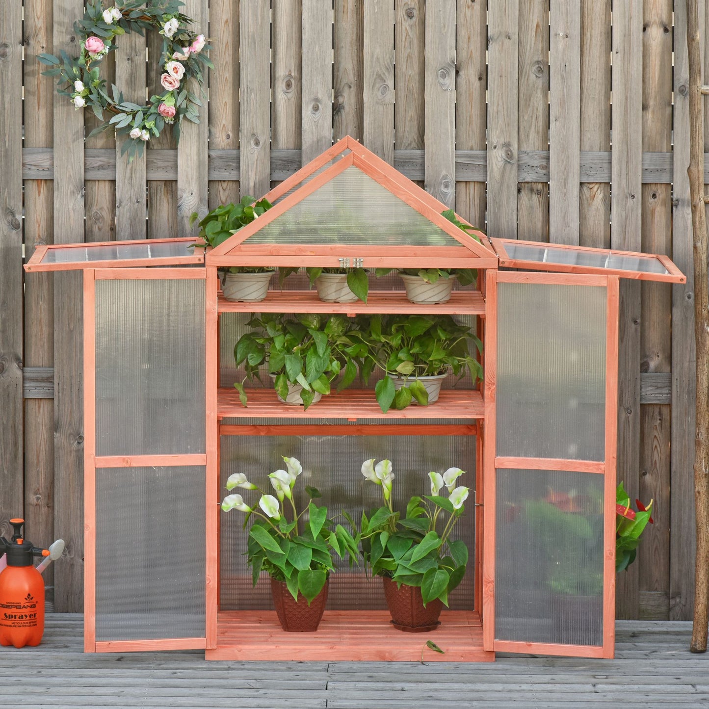 Outsunny Garden Zimna rama szklarni z poliwęglanu z regulowanymi półkami, podwójnymi drzwiami, otwieranymi górnymi pokrywami, domek do uprawy roślin kwiatowych i warzywnych, 80 x 47 x 138 cm, pomarańczowy