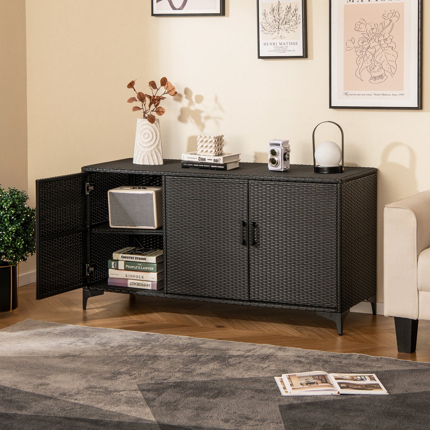318 L Patio Wicker Storage Cabinet Deck Box z wyjmowanymi półkami - czarny
