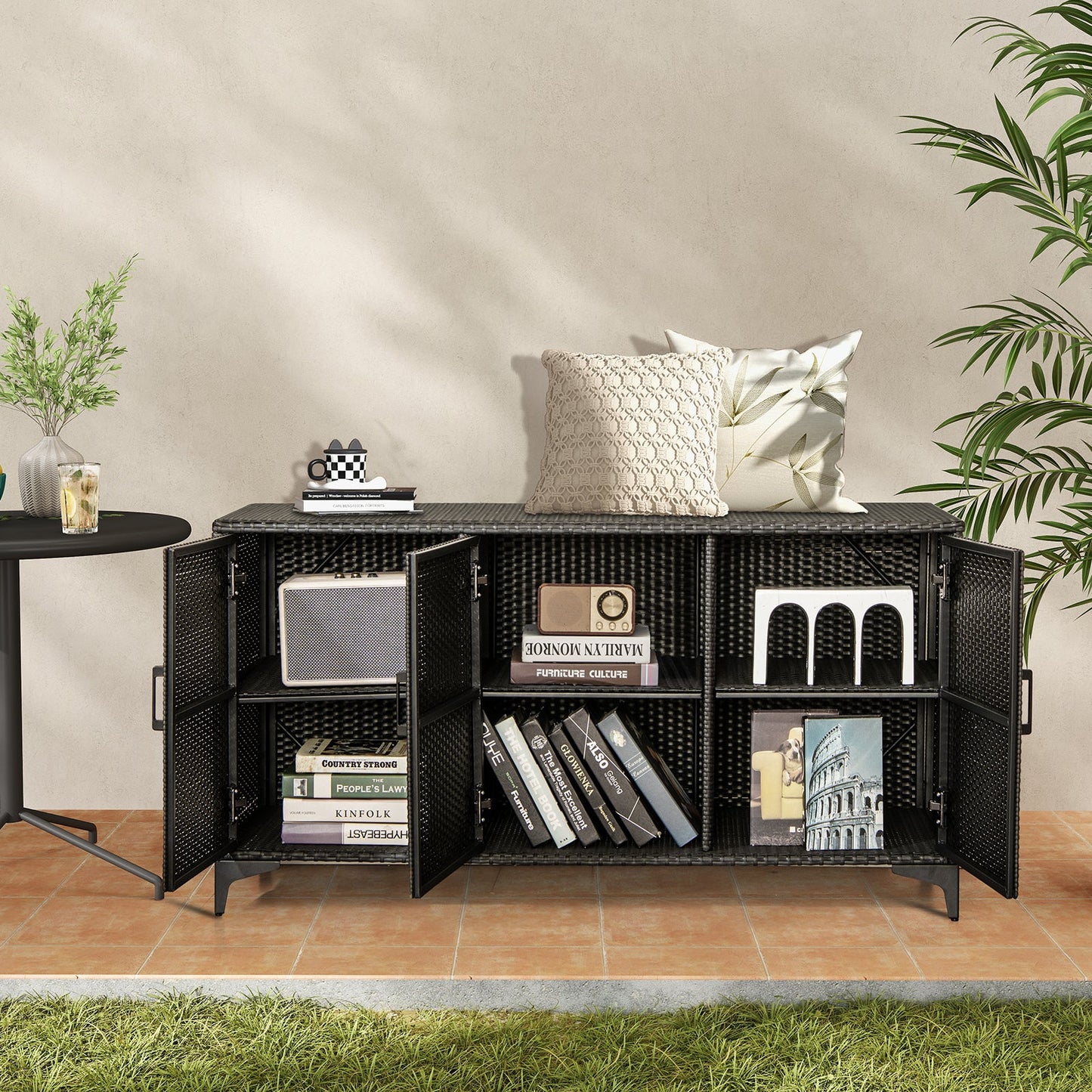 318 L Patio Wicker Storage Cabinet Deck Box z wyjmowanymi półkami - czarny