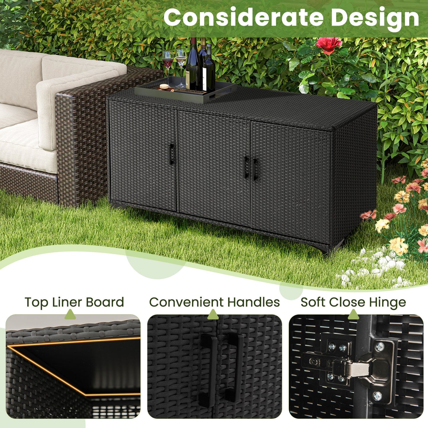 318 L Patio Wicker Storage Cabinet Deck Box z wyjmowanymi półkami - czarny