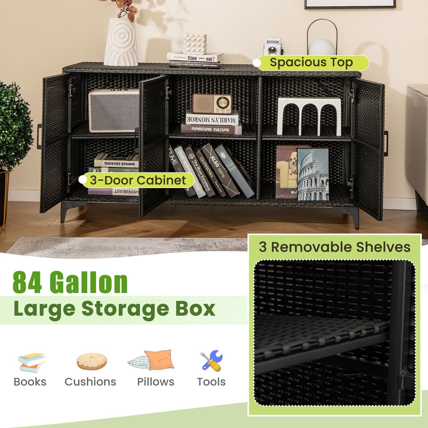 318 L Patio Wicker Storage Cabinet Deck Box with Removable Shelves-Black