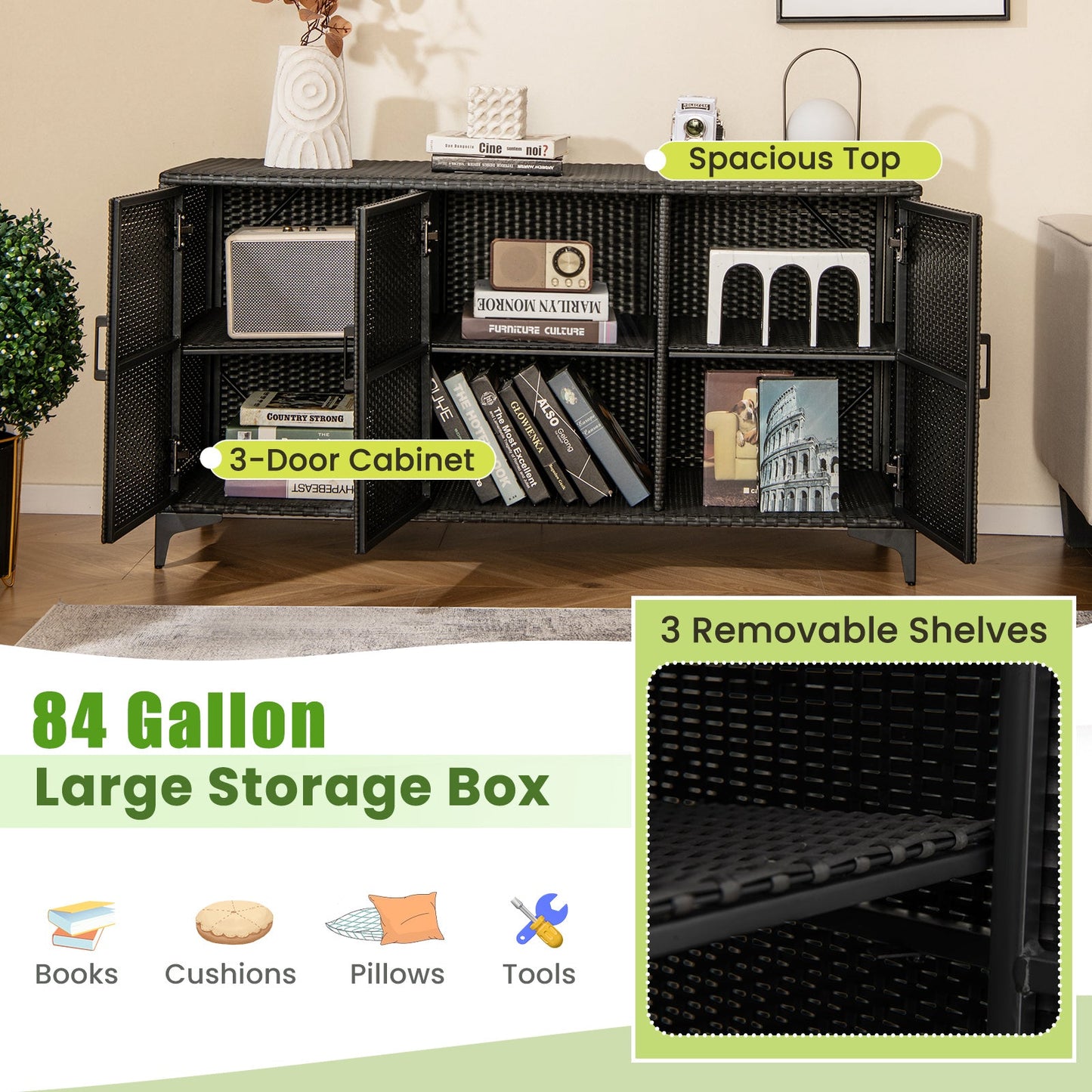 318 L Patio Wicker Storage Cabinet Deck Box z wyjmowanymi półkami - czarny