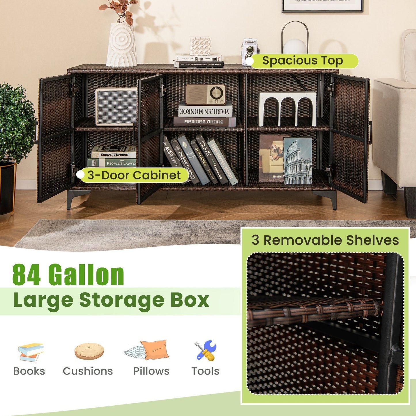 318 L Patio Wicker Storage Cabinet Deck Box with Removable Shelves-Brown