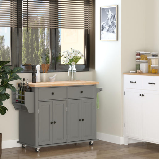 HOMCOM Rolling Kitchen Island Storage Trolley with Rubber Wood Top & Drawers for Dining Room, Grey