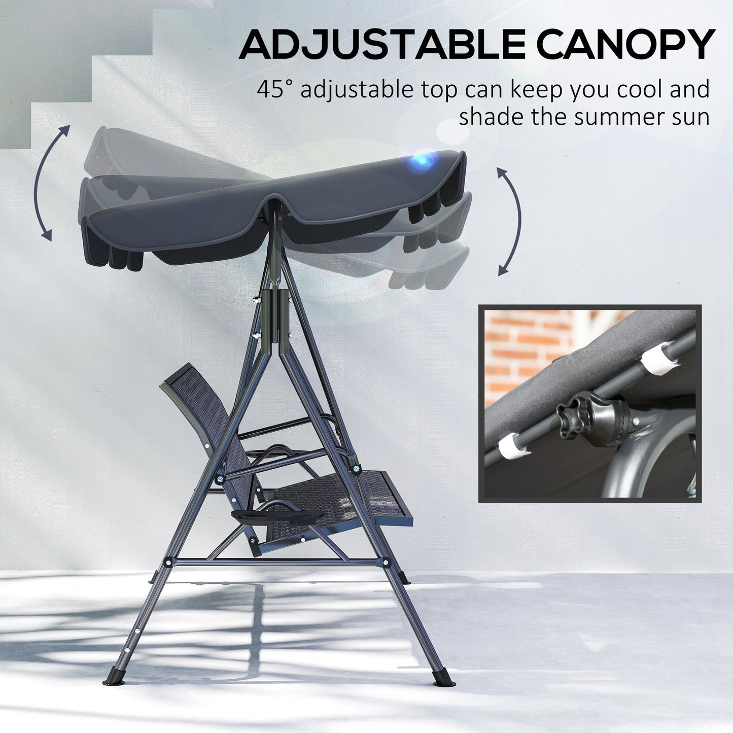 Outsunny 3 Seater Swing Chair, Garden Swing Seat Bench with Adjustable Canopy, Rattan Seat and Steel Frame for Patio, Yard, Grey