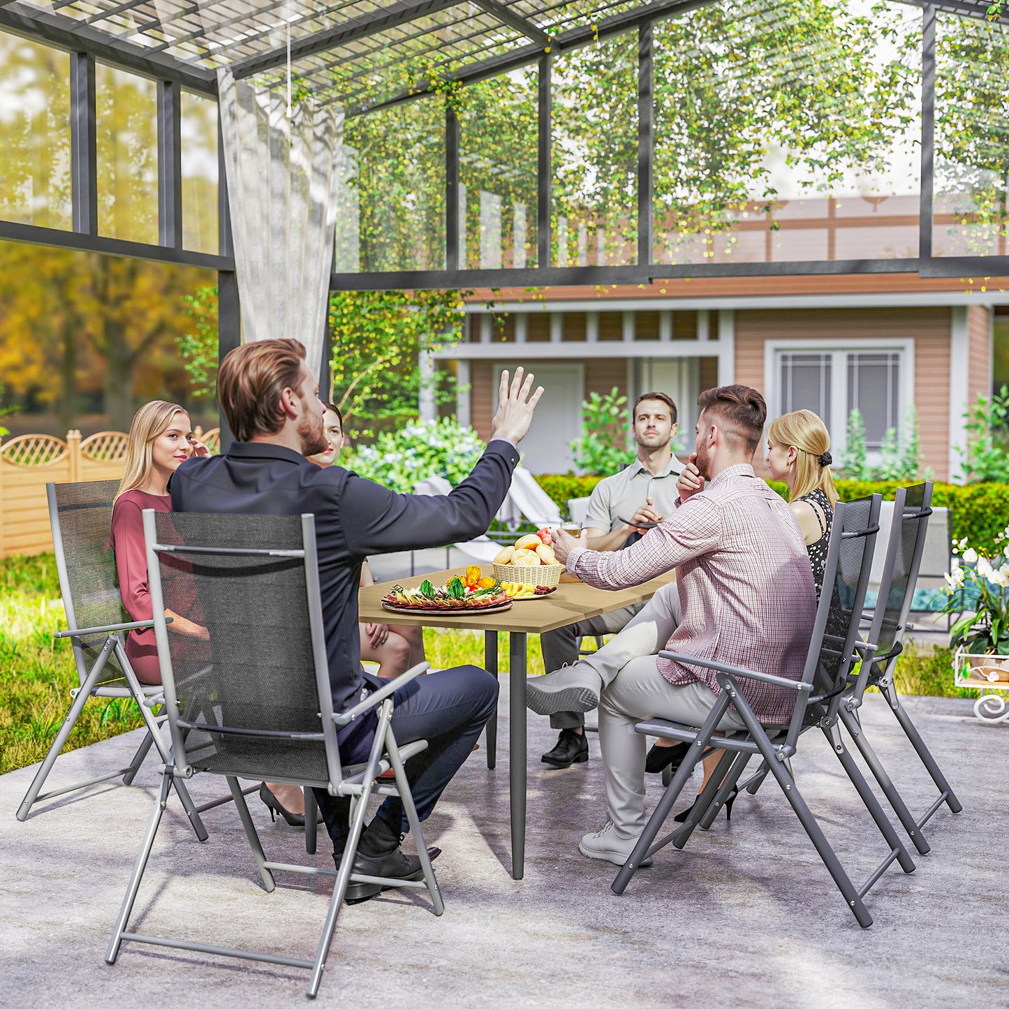 Outsunny Garden Dining Table dla 6 osób, prostokątny stolik kawowy do ogrodu z otworem na parasol 5 cm, blatem z listew i stalową ramą na taras i balkon, brązowy
