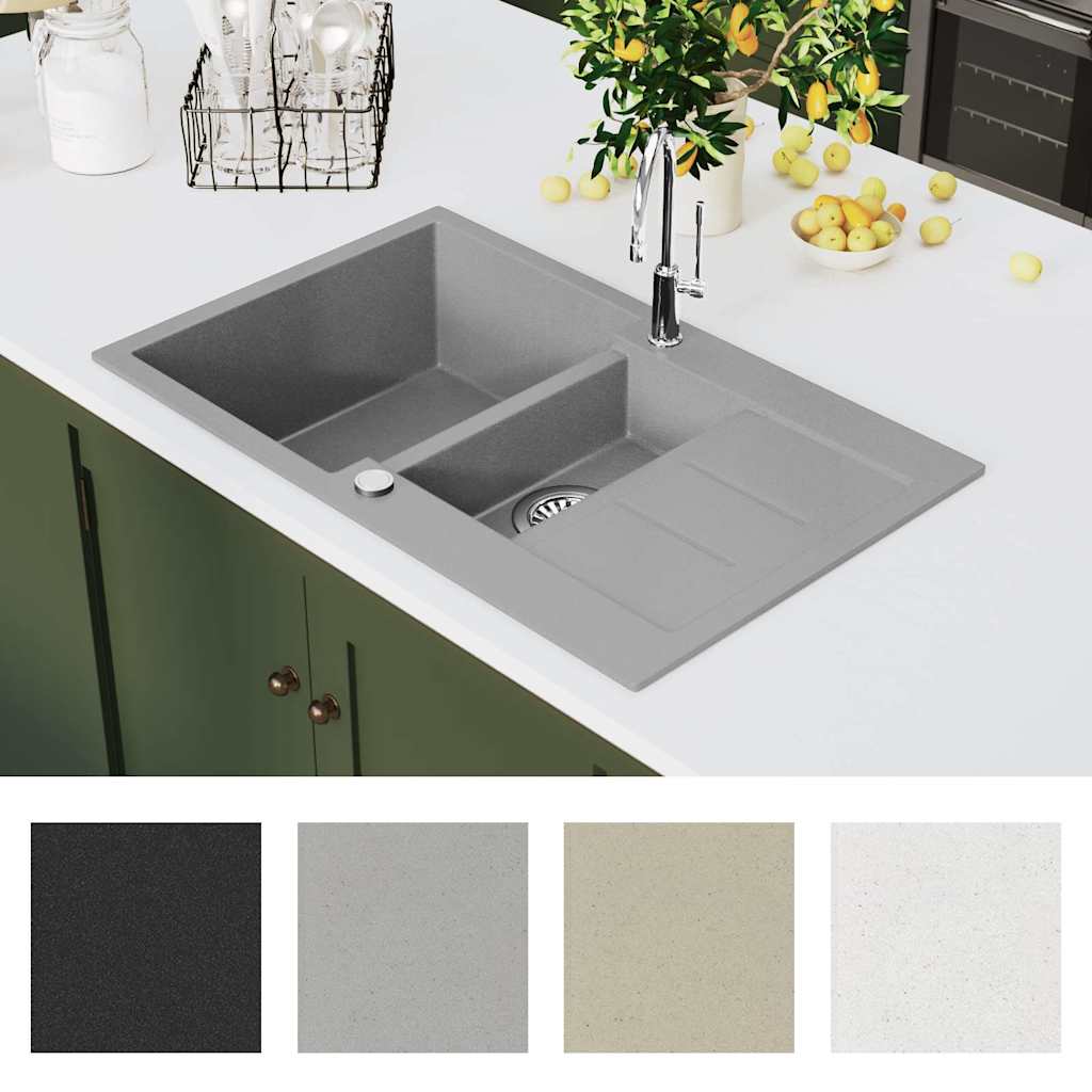 vidaXL Granite Kitchen Sink Double Basin Grey 6