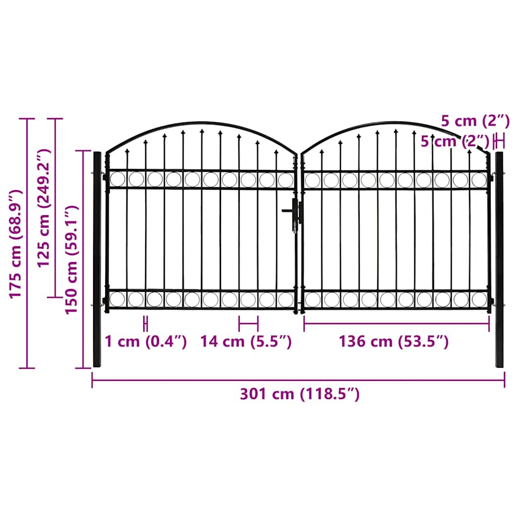 vidaXL Fence Gate "ASSEN" Double Door with Arched Top Steel 300x125 cm 5
