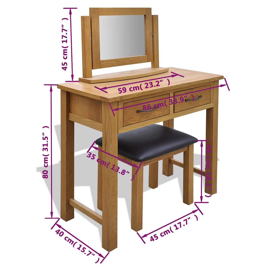 242742 vidaXL Dressing Table with Stool Solid Oak Wood 6