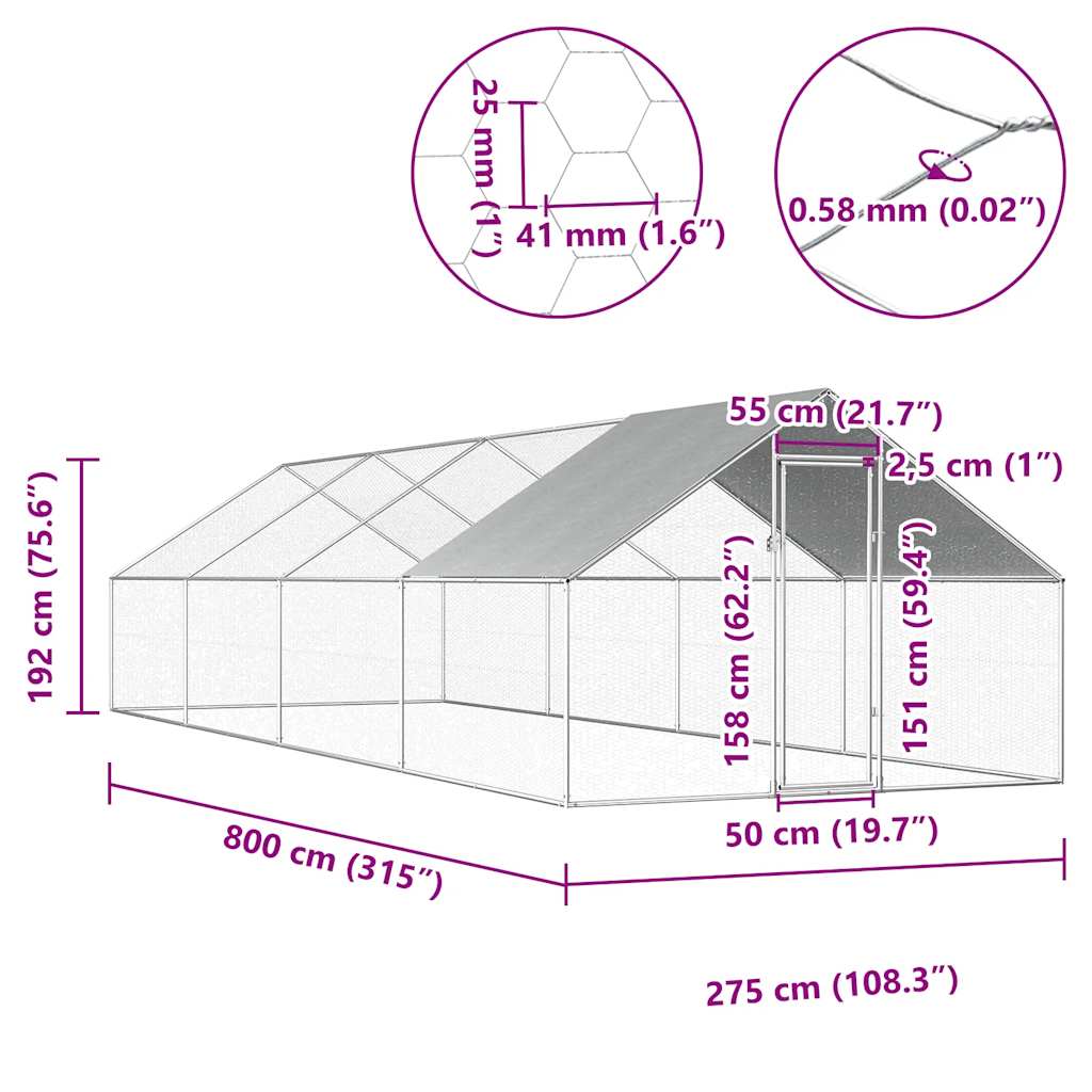 vidaXL Outdoor Chicken Cage 2,75x8x1,92 m Galvanised Steel 6