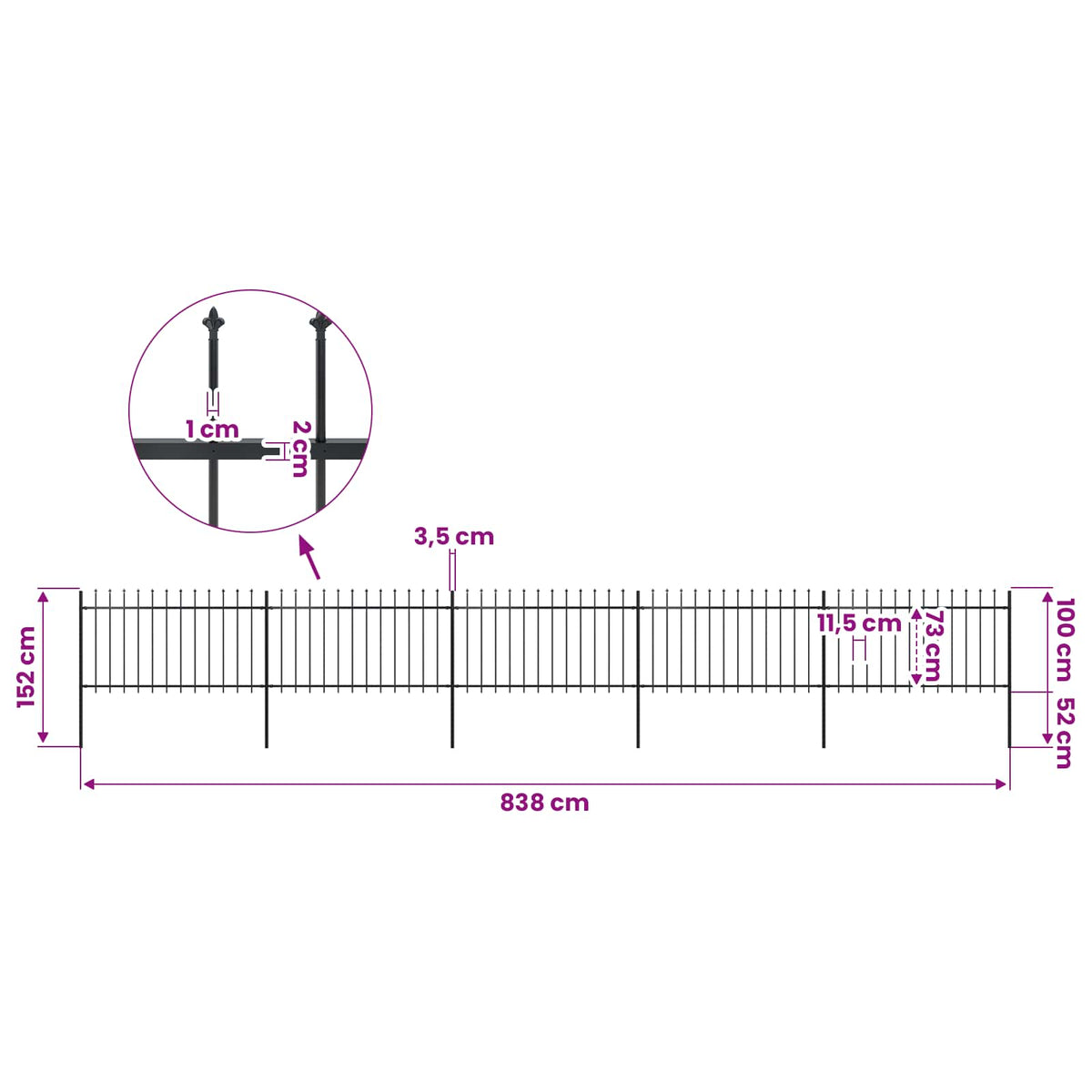 vidaXL Garden Fence with Spear Top Steel 838x100 cm Black 5