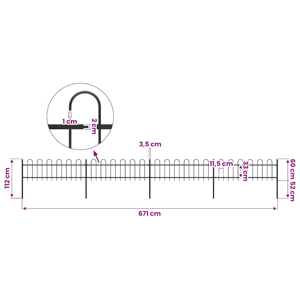 vidaXL Garden Fence with Hoop Top Steel 671x60 cm Black 5