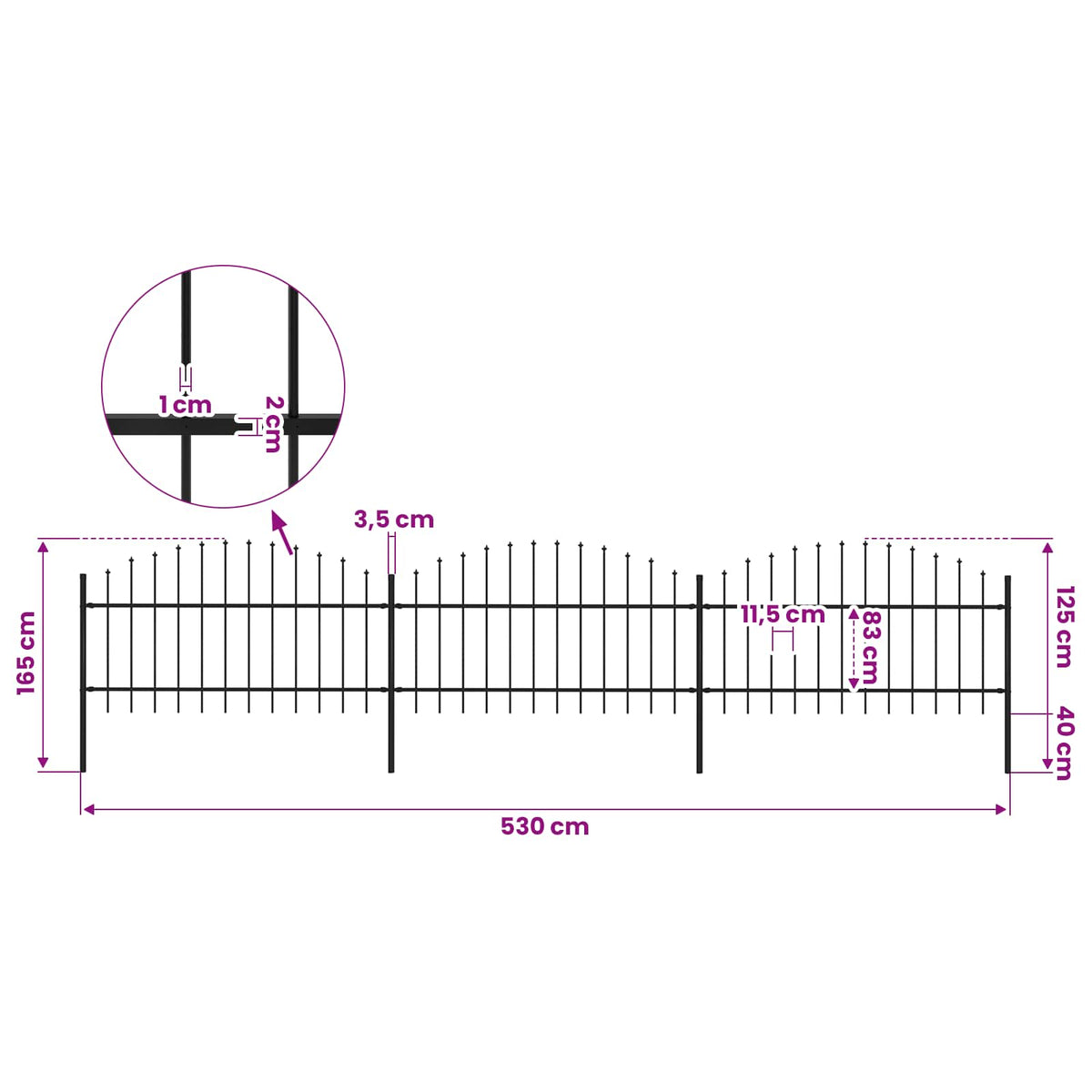 vidaXL Garden Fence with Spear Top Steel 530x125 cm Black 5