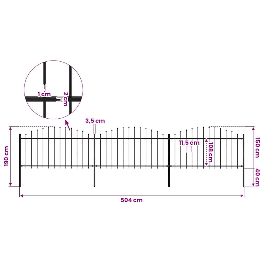 vidaXL Garden Fence with Spear Top Steel 504x150 cm Black 5