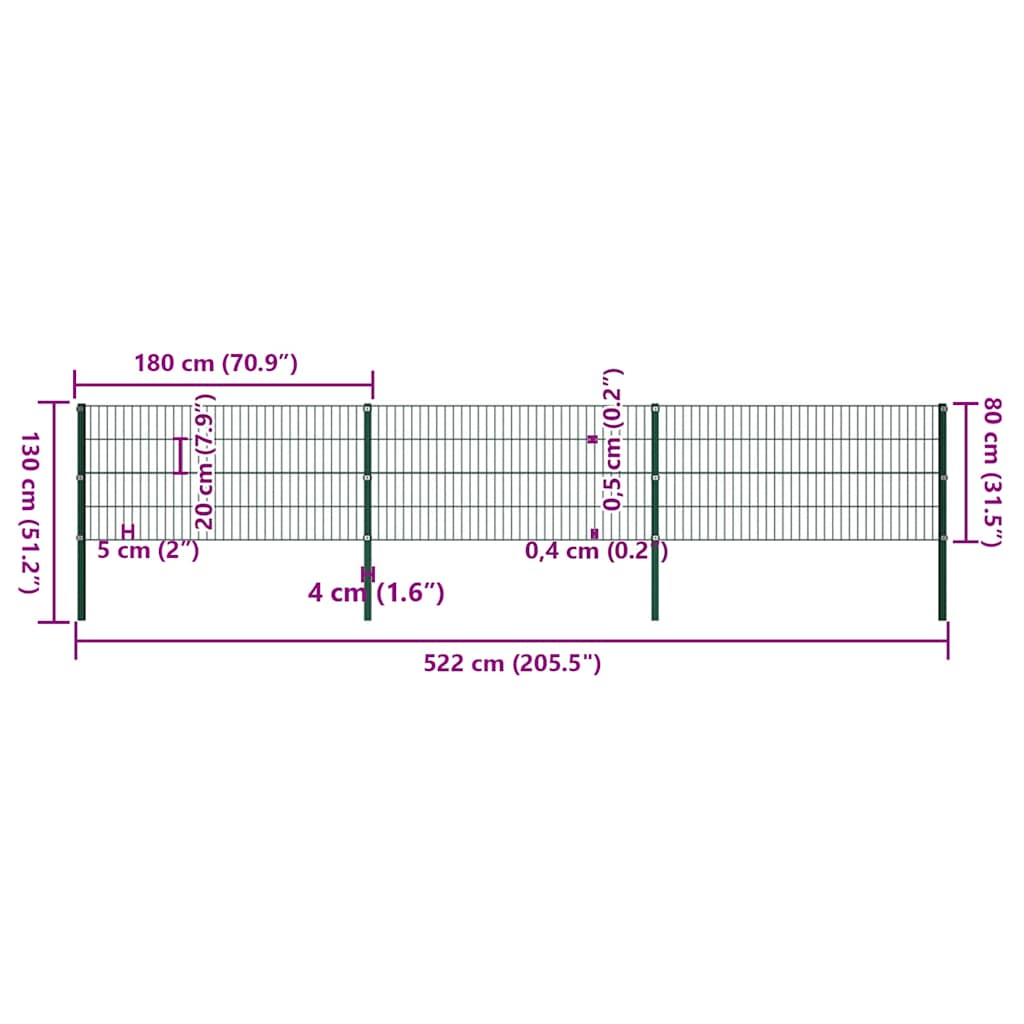 vidaXL Fence Panel with Posts Iron 522x80 cm Green 5