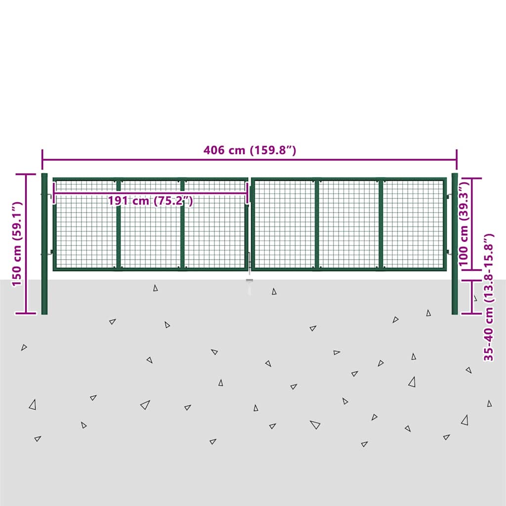 145748 vidaXL Mesh Garden Gate Steel 400x100 cm Green 5