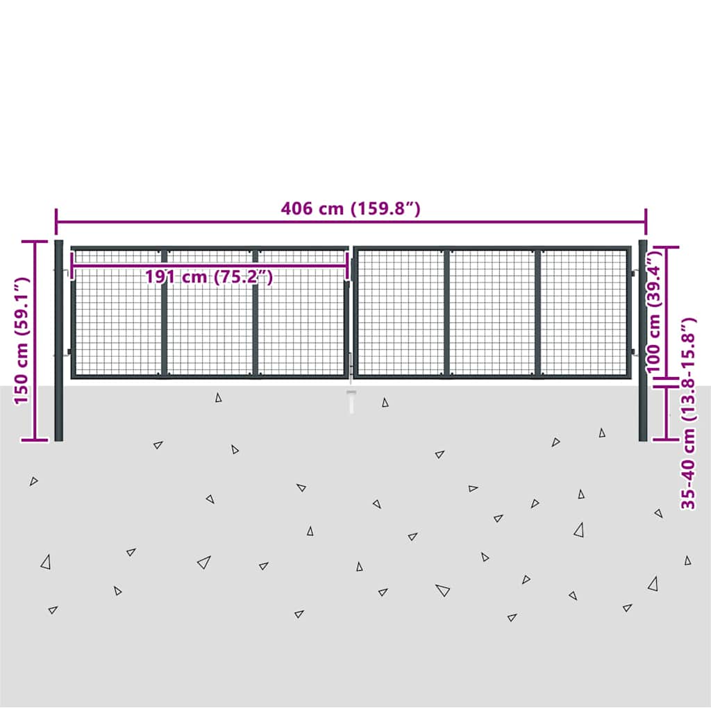 145777 vidaXL Mesh Garden Gate Galvanised Steel 400x100 cm Grey 6
